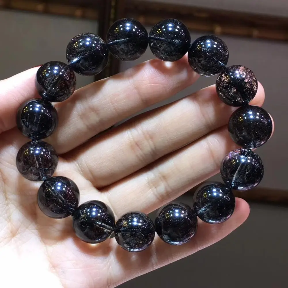 

Newly Natural Black Hair Rutilated Quartz Crystal Women Men 15.5mm Clear Round Beads Wealthy Stone Bracelet Brazil AAAAA