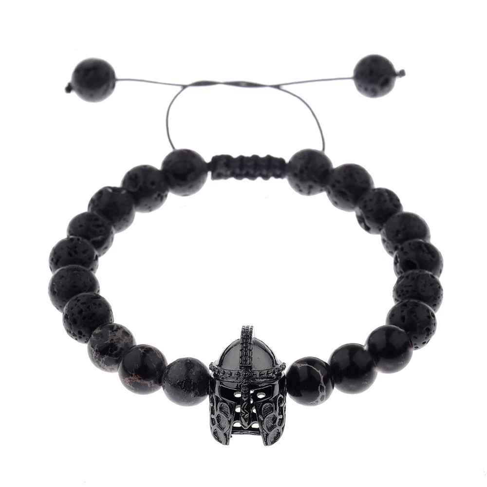 

Men Charm Black Bracelets Spartan Helmet Beaded Natural Stone Adjustable Macrame Bracelets