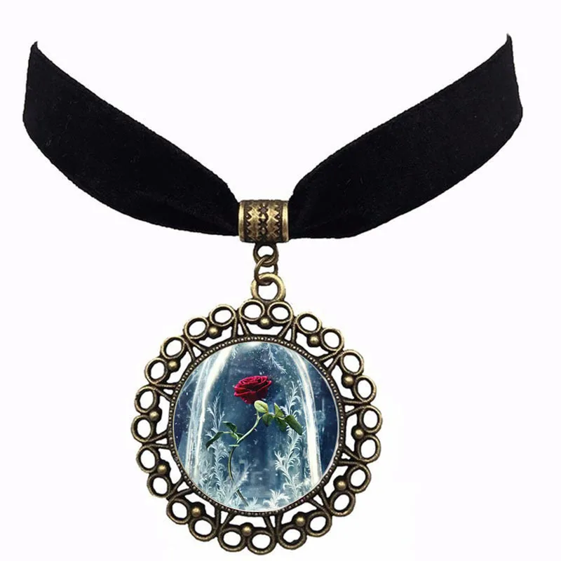 New Beauty Jewelry Beast Princess Belle Pendant Glass Photo Black Velvet Choker Necklace-in 