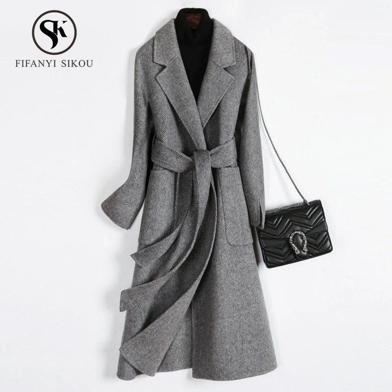 2018 de lana de alta calidad de invierno para mujer clásico cinturón de doble pecho mezcla de abrigo para mujer de doble cara de Cachemira largo abrigos|Lana y mezclas| -