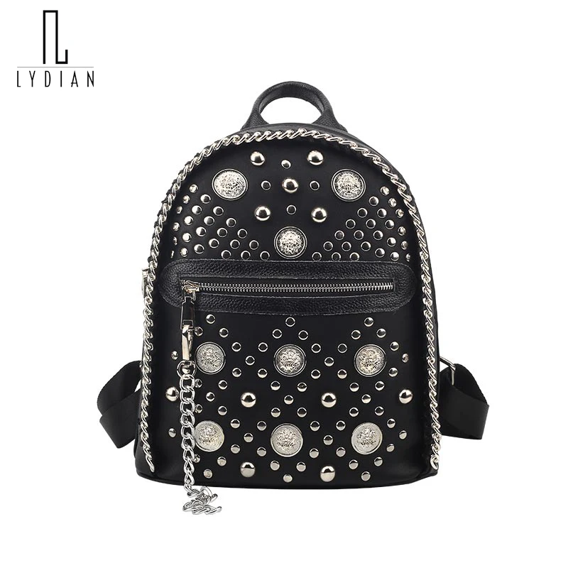LYDIAN Chain Fashion Small Women Backpack Rivet Zipper Pu Punk Rock Student Backpack Cool Style shoulder