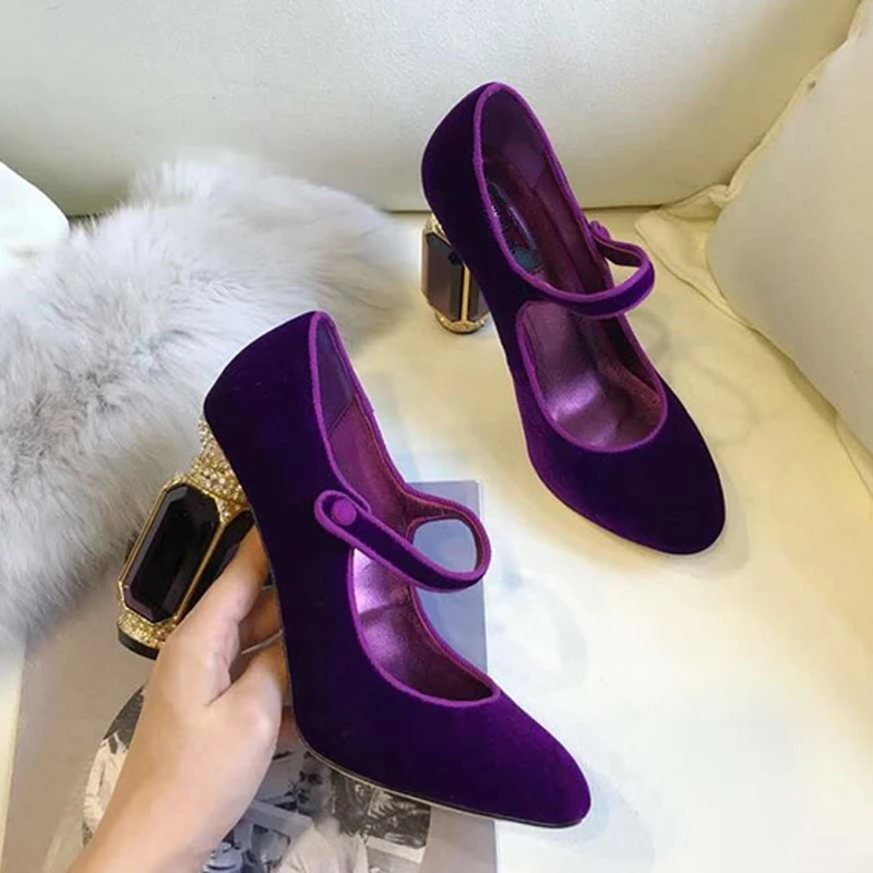 Luxe Noir De Rouge Talons Chaussures vert Vert Femme Bout Violet Sandales Parti À Noir Strass Diamant pourpre 2019 Femmes Cristal Rond Hauts rouge Velours RCqUwn51E