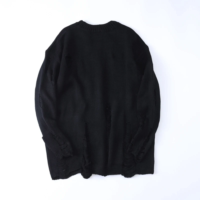 Корейская одежда, новинка, мужской осенний свитер с дырками, винтажный свободный свитер большого размера, уличная одежда, теплый шерстяной черный пуловер, свитер