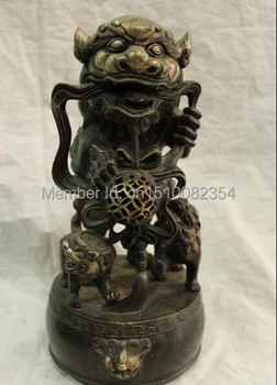 

11" Chinese Fengshui Silver Bronze Guardian Foo Fu Dog Lion Ball Animal Statue