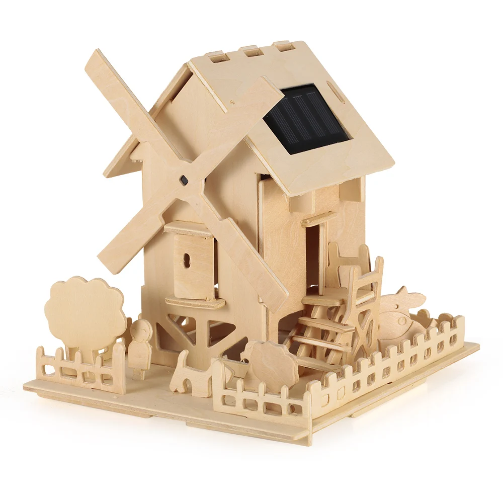 Wooden Solar Energy Powered 3D Windmill Waterwheel DIY Puzzle Jigsaw