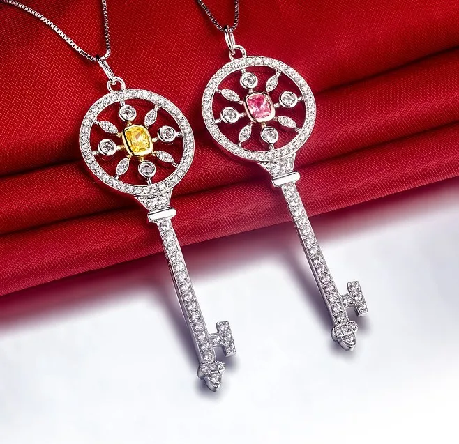 

T Brand Genuine Silver Sweater Key Pendant Necklace White Gold Color Micro Synthetic Diamonds Pendant for Girl Jewelry for Lover