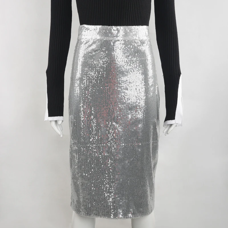 

MINSUNDA Elegant Silver Sequins Midi Skirt Women Casual Bodycon Nightclub Skirts Office Ladies Workwear High Waist Pencil Skirt