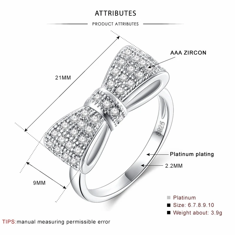Мода стерлингового серебра 925 изысканный модный галстук-бабочка для свадьбы и Помолвки кольцо Сделано с кубическим цирконием для женщин ювелирные изделия