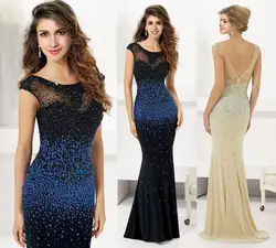 2016 ограниченное по времени предложение-шифон Регулярный Vestido Longo Бисер вечернее платье Кепки рукава Прозрачный Топ Русалка Новое