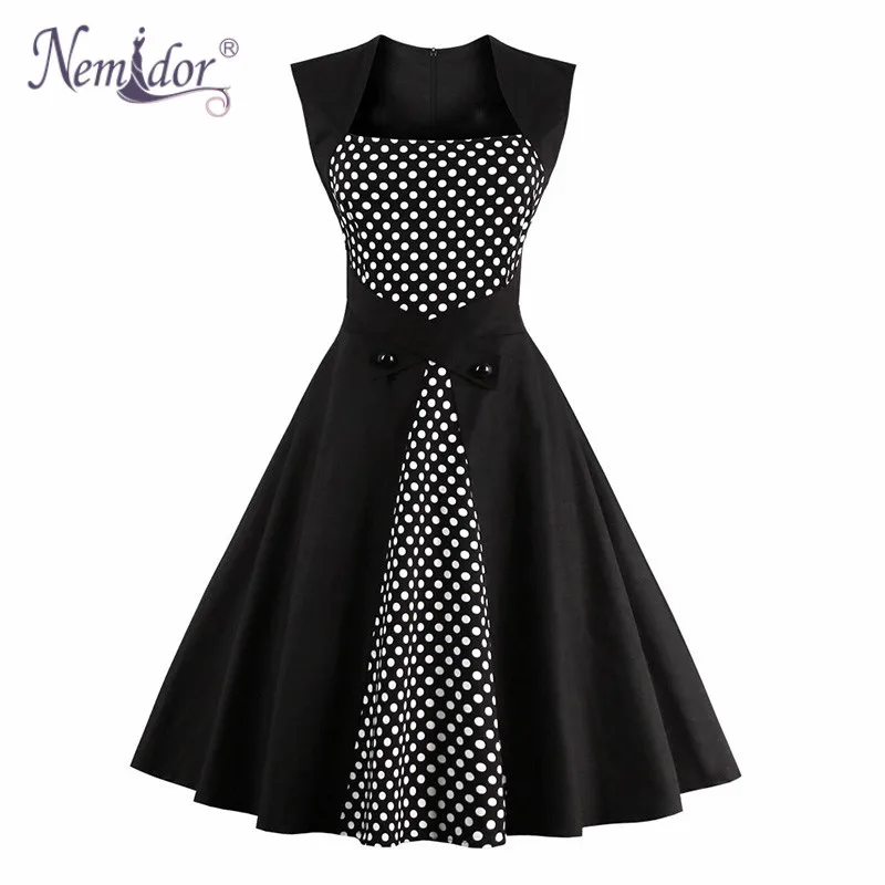 Vintage Hepburn Dress Dot Print Patchwork Midi Dresses For Women
