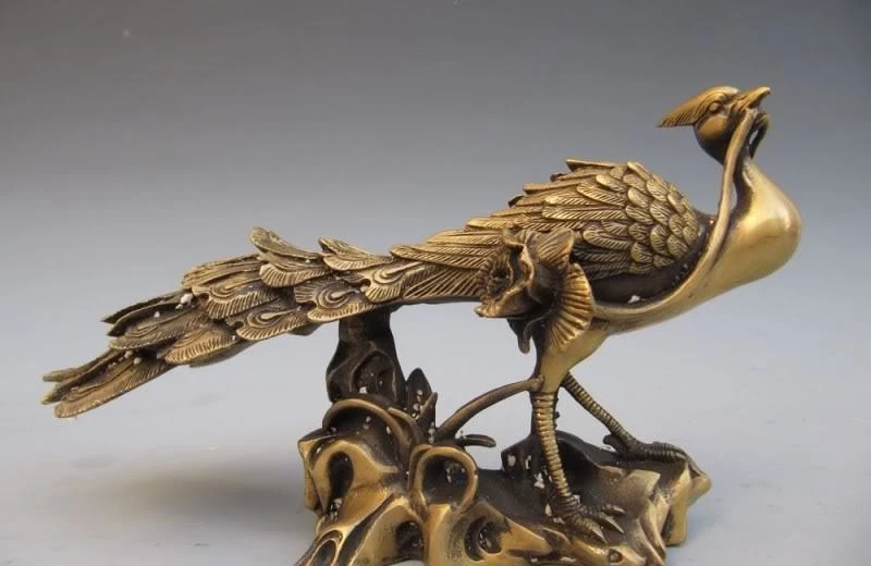 

11"Chinese exquisite handwork copper Bronze carved phoenix flower Statue