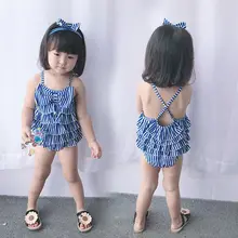 Новинка года; купальные костюмы в полоску с бантом для маленьких девочек в морском стиле; повязка для волос+ кружевное платье для девочек 2-9 лет