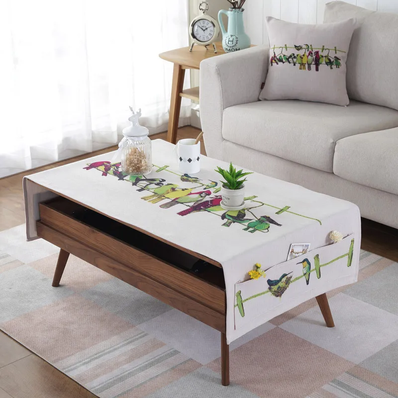  Proud Rose Linen Table Cloth Cartoon Birds Thicken Tea Cloth with Storage Bag Rectangular Cloth Cov