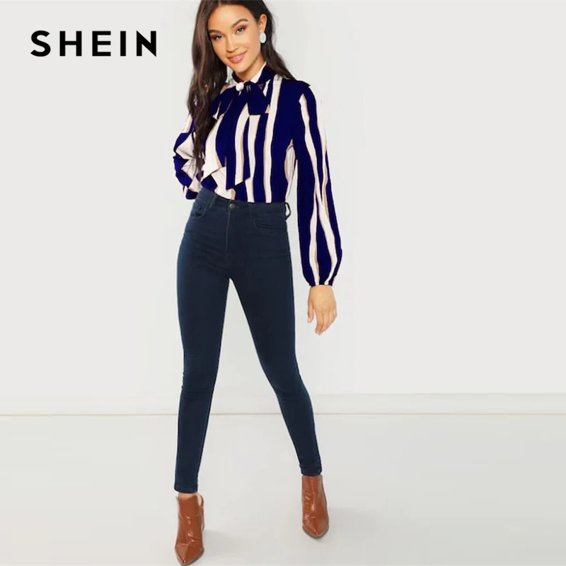 SHEIN Полосатая Блузка С Бантом Элегантная Офисная В Полоску Длинным