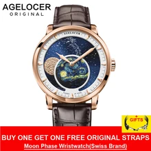Agelocer Топ брендовые дизайнерские часы для мужчин сапфировое стекло розовое золото Moon Phase часы коричневый кожаный ремешок 6401D2