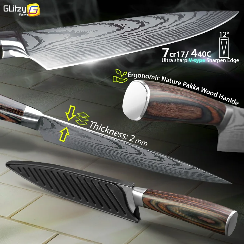 Kitchen knife 8 inch Chef Knives 7CR17 440C High Carbon Japanese Stainless Steel Imitated Damascus Sanding Laser Pattern Santoku