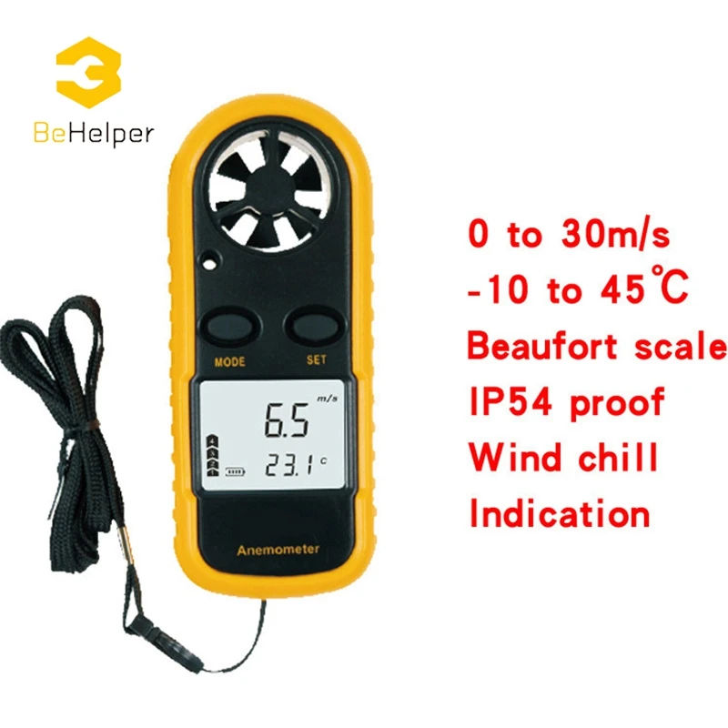Behelper Подсветка ЖК-дисплей Цифровой 30 м/с (65mph) ветер Скорость скорости воздуха Gauge