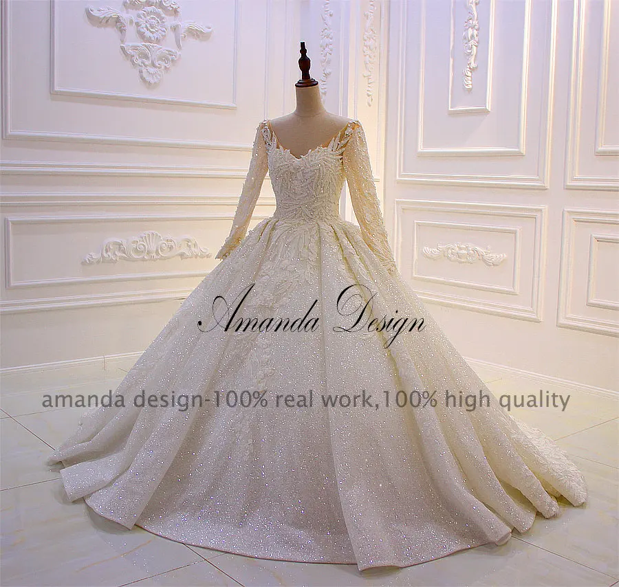 Аманда дизайн индивидуальные длинный рукав кружева аппликация для бального платья Роскошные Блестящие Свадебные платья