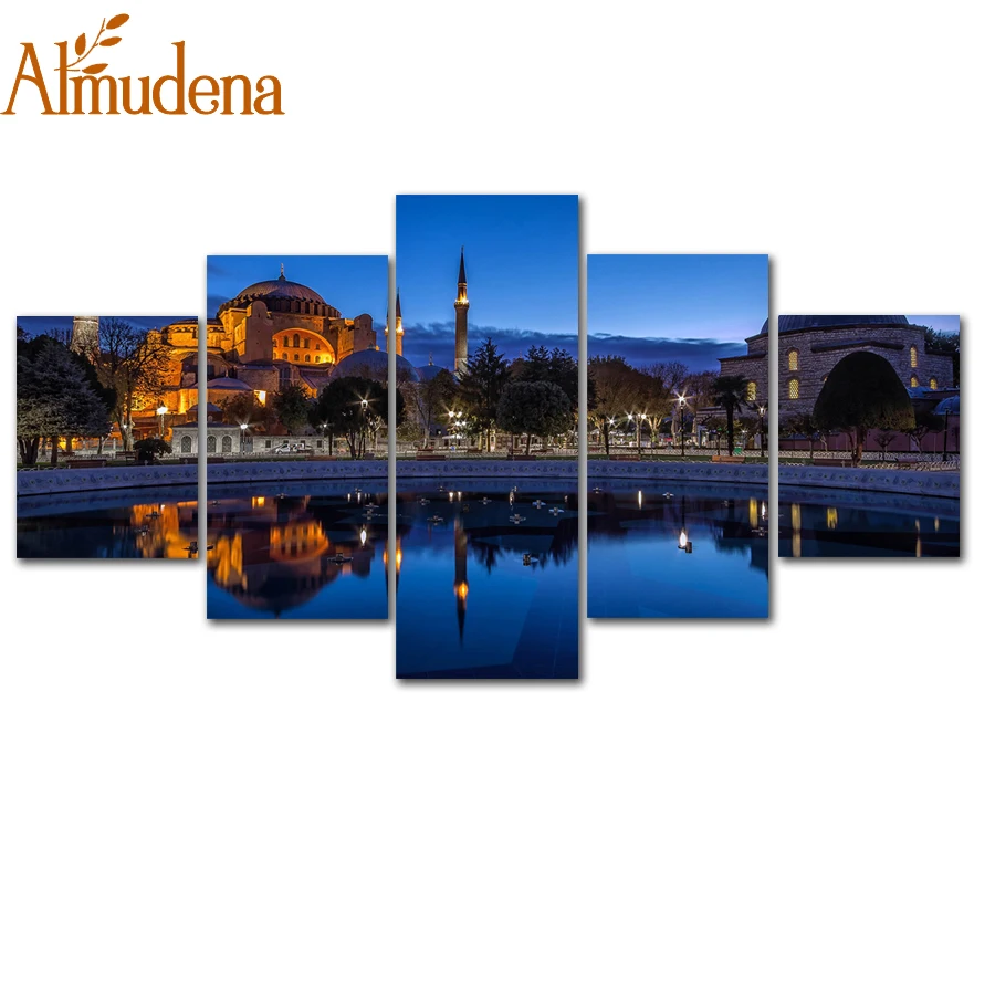 ALMUDENA 5 панелей модная синяя ночь мечеть Султан Ахмед Стамбул холст картина для