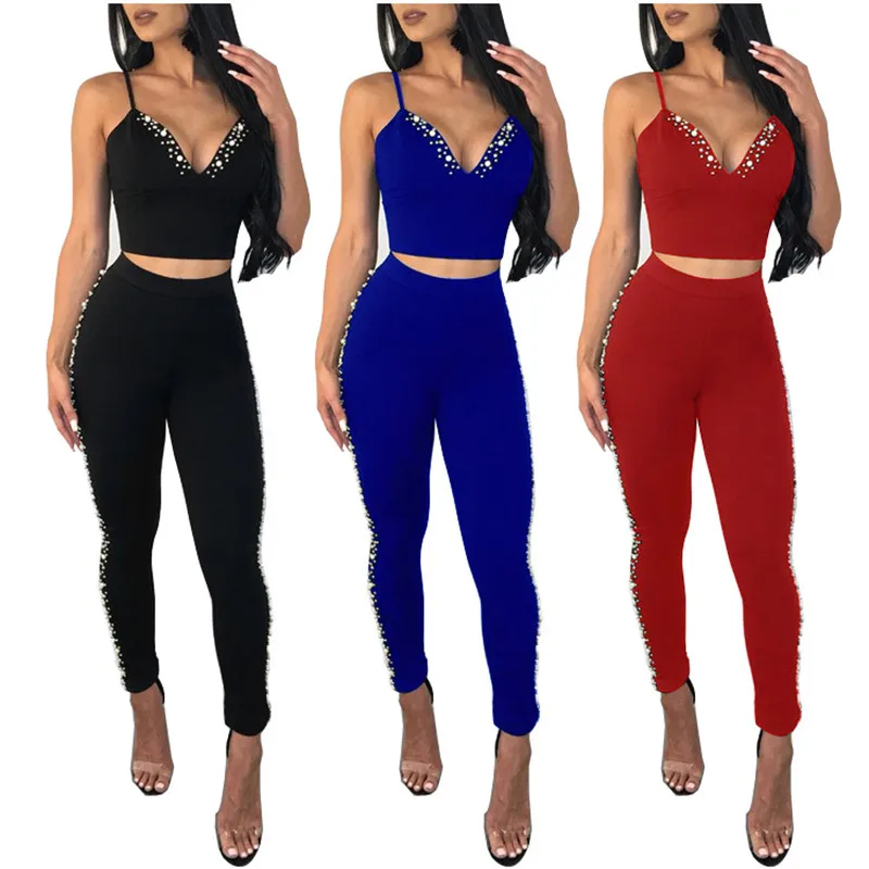 

2018 Summer Women Two Piece Set Top and Pants Sexy Women Set Spaghetti Strap Beaded Crop Tops and Long Pants Set Womens Outfits