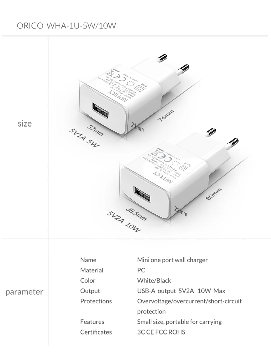 AIFFECT, зарядное устройство для мобильного телефона, 1А, 2А, USB, зарядное устройство для путешествий, портативный настенный адаптер, штепсельная вилка европейского стандарта, черный, белый цвет, для iPhone, SanSung, Xiaomi, huawei