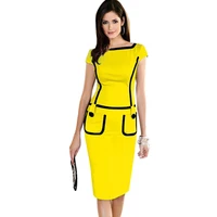 Dropshipping Fashion Women Elegant Back Zipper Button Pockets Stretchy Bodycon Wear to Work Career Knee-Length Cute Dress S-XL
