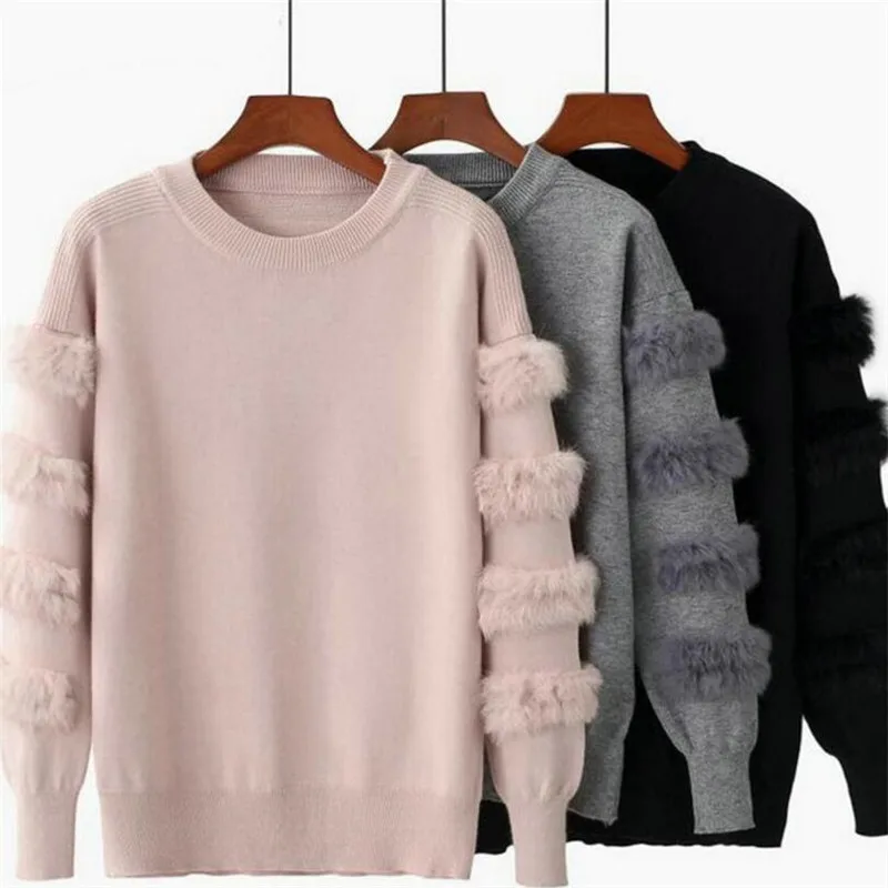 

2019 autumn and winter new women's fashion rabbit fur decorative sleeve sweater solid color pullover sweater sweater