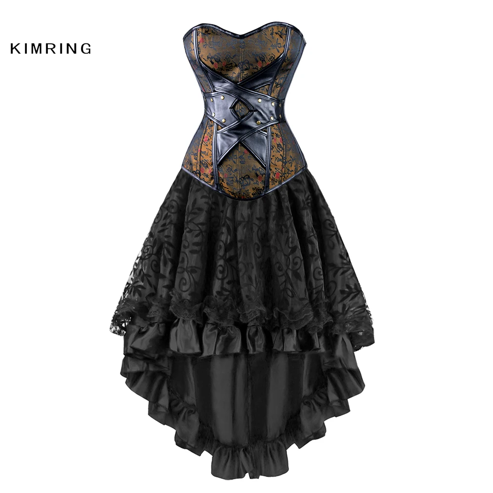 Kimring Vintage Steampunk Corsets Dress Gothic Overbust Corset Dress Women High Waist Skirts Sexy Lace Bustier Corselet