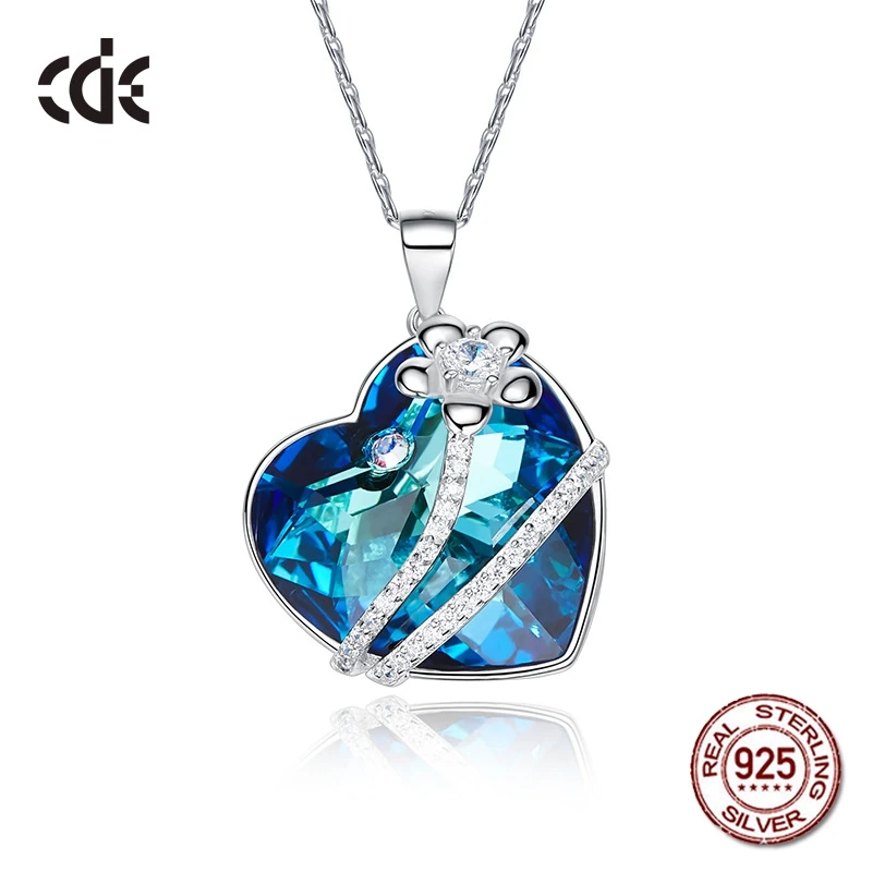 

100% S925 Sterling Silver Love Heart Crystals from Swarovski Charms Pendant + Necklace for for Women Mother's Day Gift