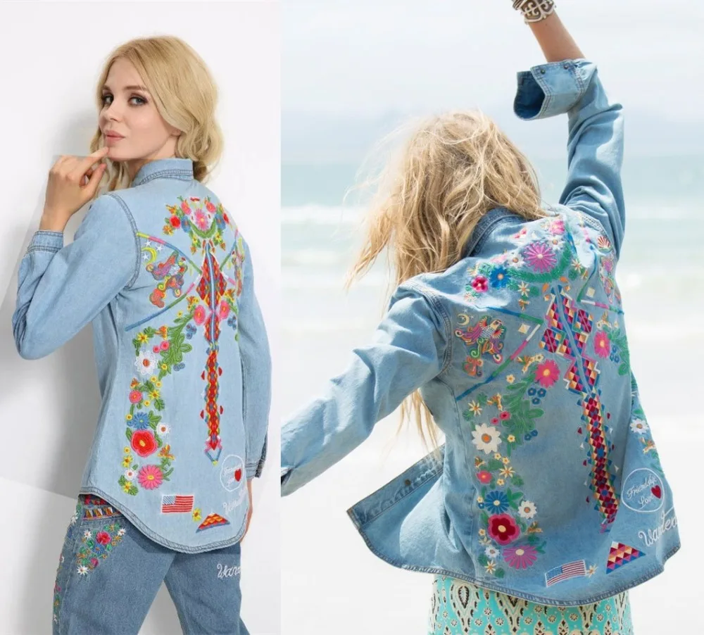 Women embroidery hippie style denim shirts floral boho jackets fashion