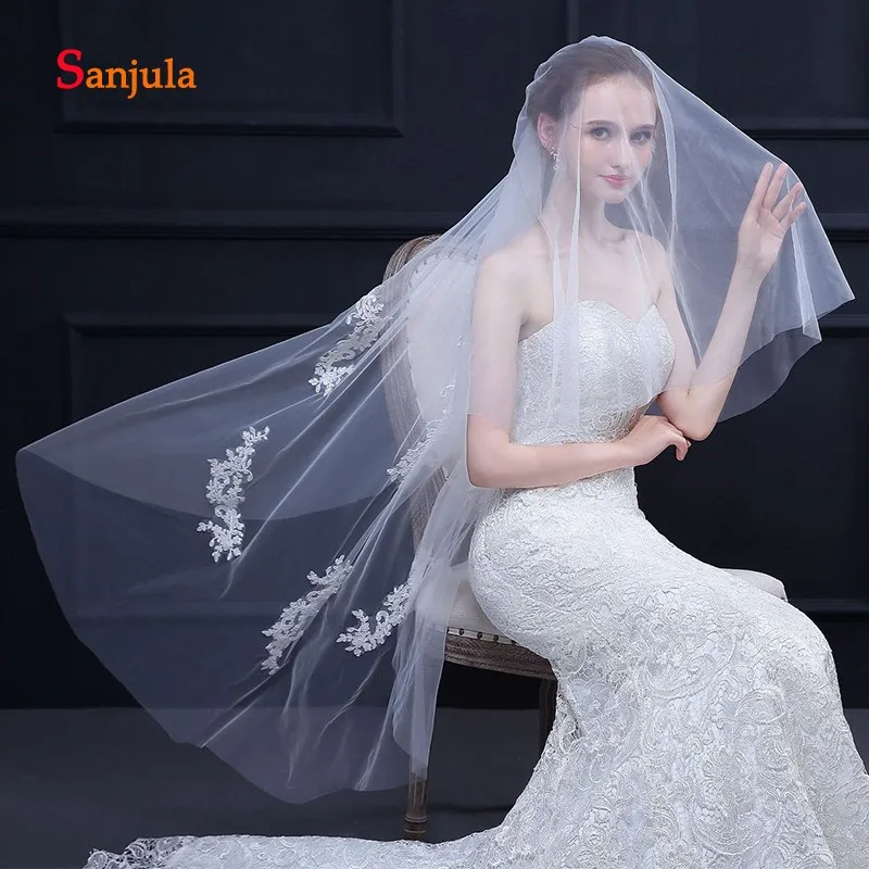 Two-Layer Ivory Wedding Veils with Comb Cut Edge Appliques Graceful Cute Short Veil for Bridal accesorios para bodas V85 | Свадьбы и