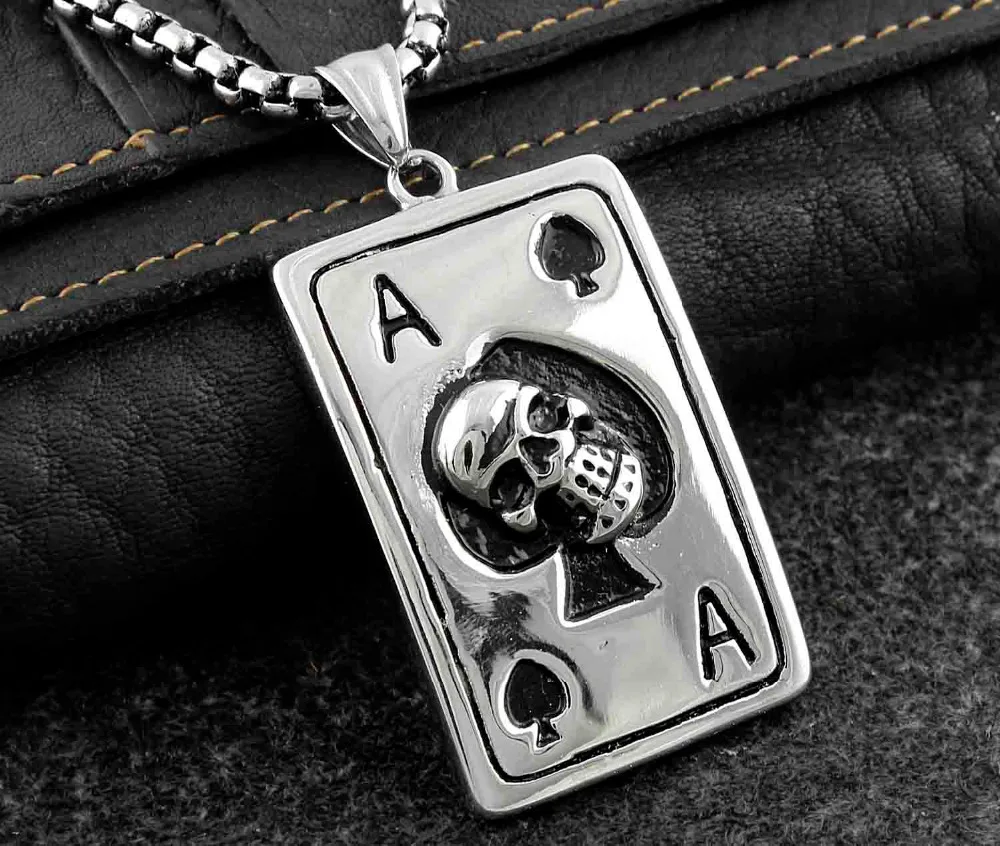 

Stainless Steel Poker Skull Ace of Spades Men's Biker Gothic Pendant Necklace