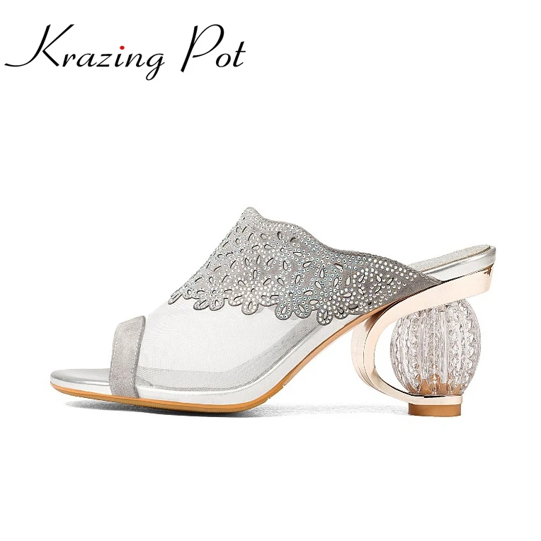 

Krazing Pot sheep suede air mesh slip on handmade crystal brand shoes peep toe high heels sandals round diamond heels shoes L30