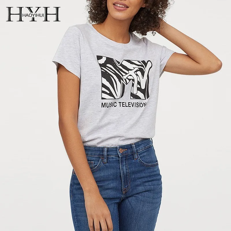 

HYH Haoyihui Creative Letter Print Pattern Casual Tees Simple Casual Sports Letter Print Short-sleeved Round Neck T-shirt Female