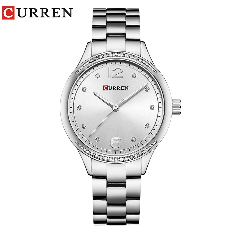 CURREN простой стиль женское платье Кристалл Кварцевые часы Бизнес наручные часы из нержавеющей стали браслет дамы подарок 9003 розовое золото - Цвет: silver white