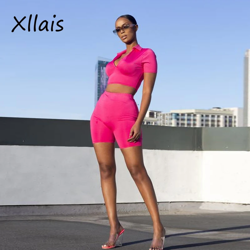 

XLLAIS Good Quality Neon Pink Tight Shorts Sets Women Short Sleeve V-Neck Bandeau Tops Turn Down Collar T-Shirts Elastic Bottoms