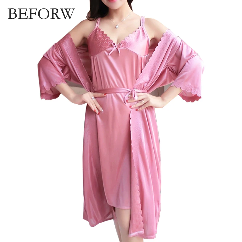 

BEFORW New Hot Sale Fashion Sexy Nightgown Comfortable Rayon Silk Robe Set Charming Sleepwear Sleeveless Dress Sexy Women Robes