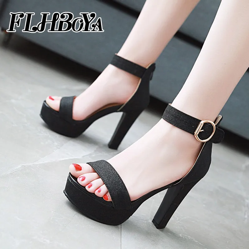 

New Summer Concis Sexy Spike High heels Ankle Wrap Platform Sandals Women Zip Peep Toe Black Thin Heel Party Shoes Ladies Pumps