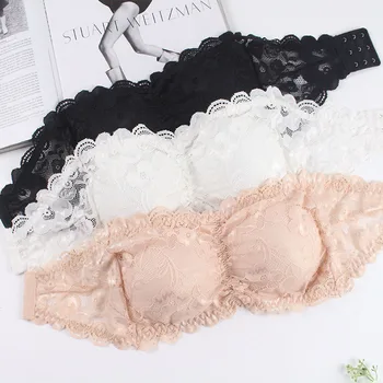 

Womens Floral Lace Seamless Bandeau Wire Free 4-Hook Bralette Strapless Tube Top with bra pad young girl female bra underwear