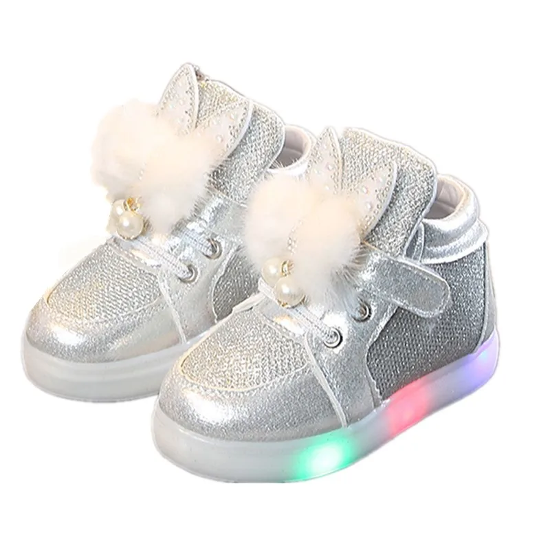 

2019 Kids LED light shoes fashion girls footwear princess rabbit pearl glitter shoes winter children's leather shoes 19J411