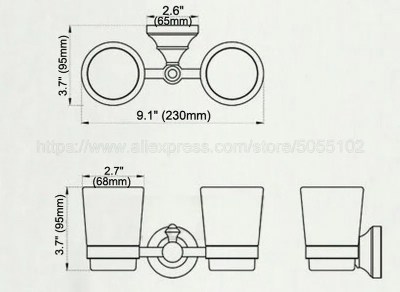 High Quality Bathroom Antique Brass Toothbrush Holder + Two Glass Cups Wall Mounted Bathroom Accessories zba582