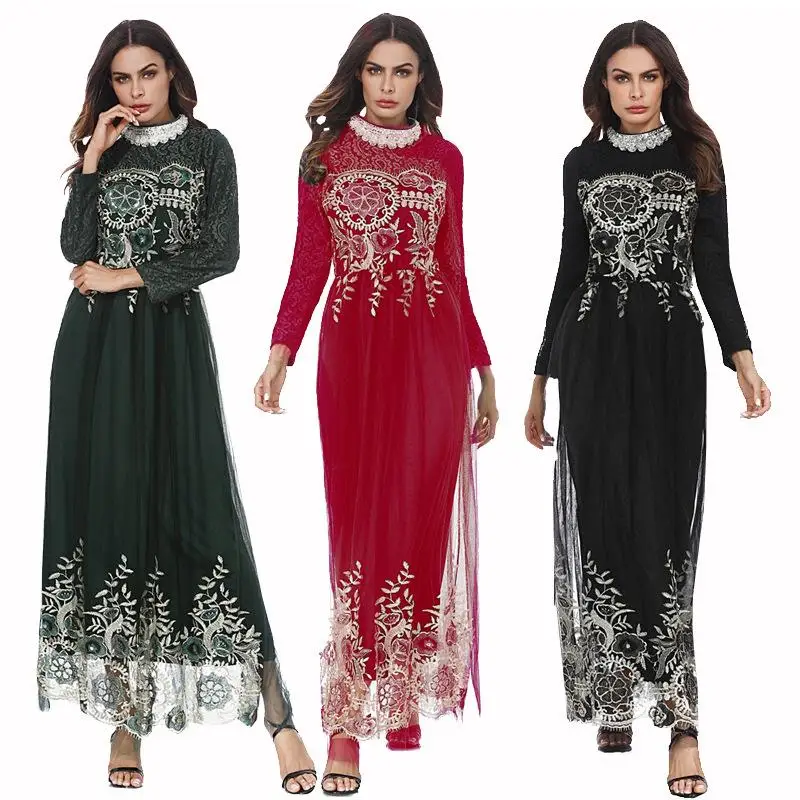 

Elegant Women Lace Long Maxi Dress Evening Party Bridesmaid Dresses Emvroidery Arab Kaftan Abaya Robe Ankle-Length Slim Fashion