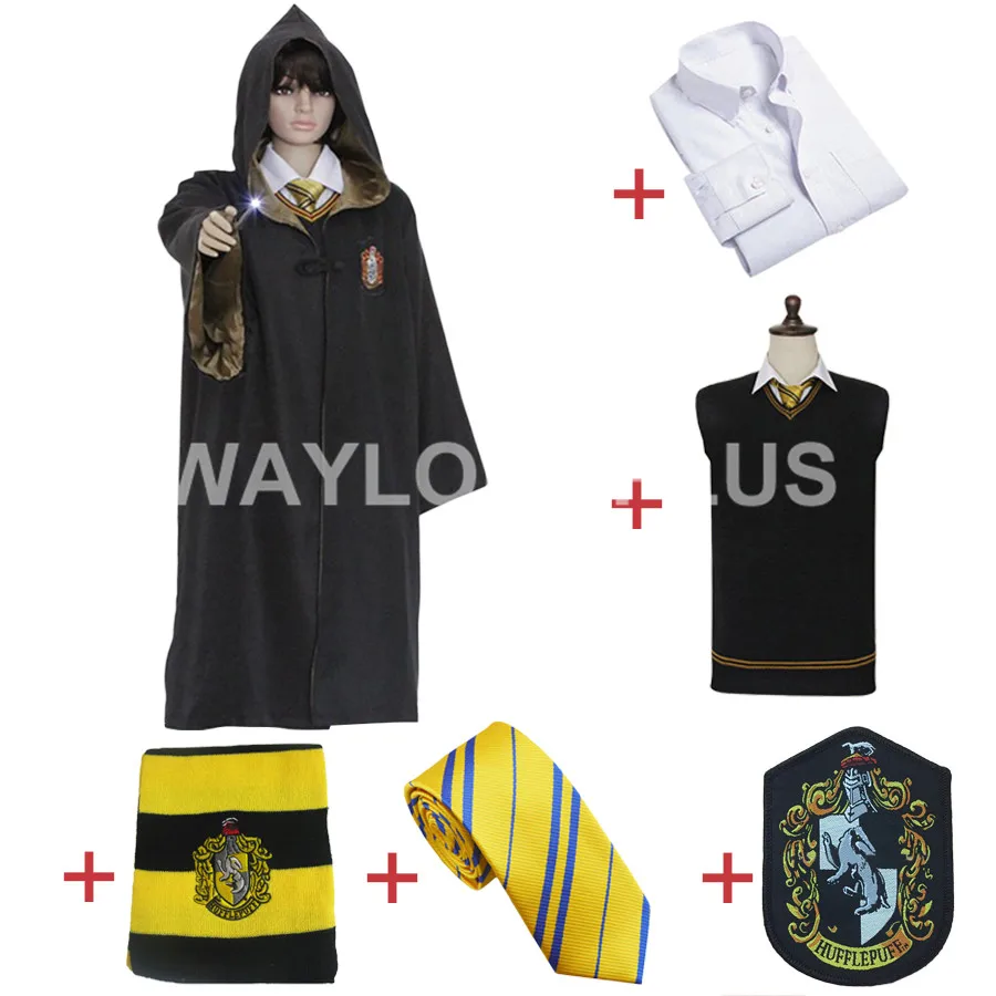 

Free Shipping Hufflepuff Cosplay Robe Cloak Shirt Sweaters Tie Scarf Badge Uniform for Harri Potter Cosplay