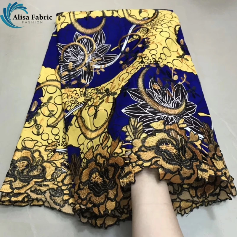 

Flower design high quality Ankara Wax lace fabric Embroidery with Cord lace fabric African Wax Lace fabric 100% cotton For Dress