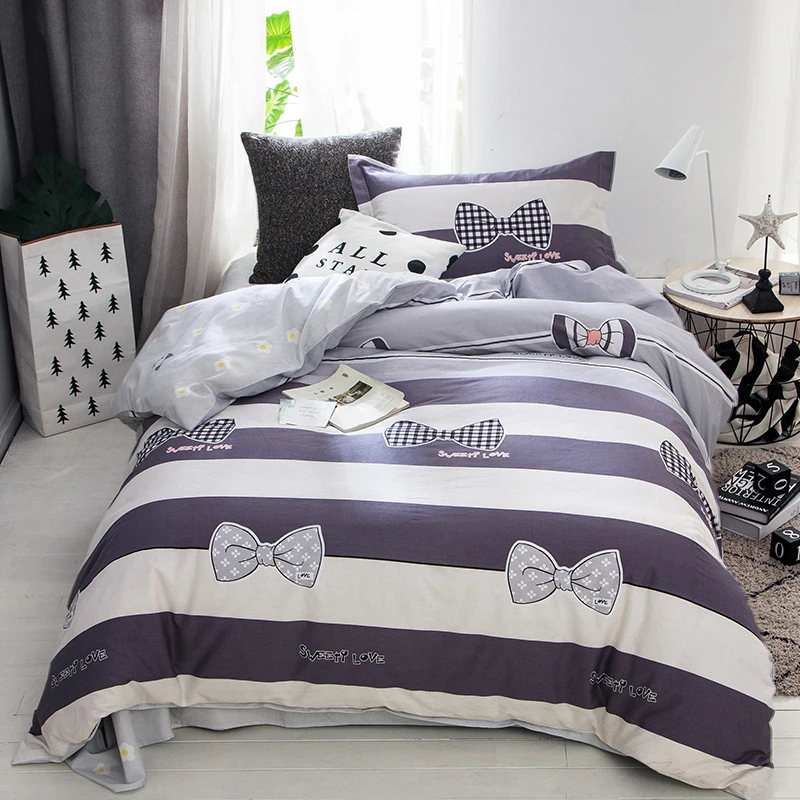

Stripes and bow print Cartoon style bedding set cotton fabric 3pcs Twin Size duvet cover flat sheet pillowcase