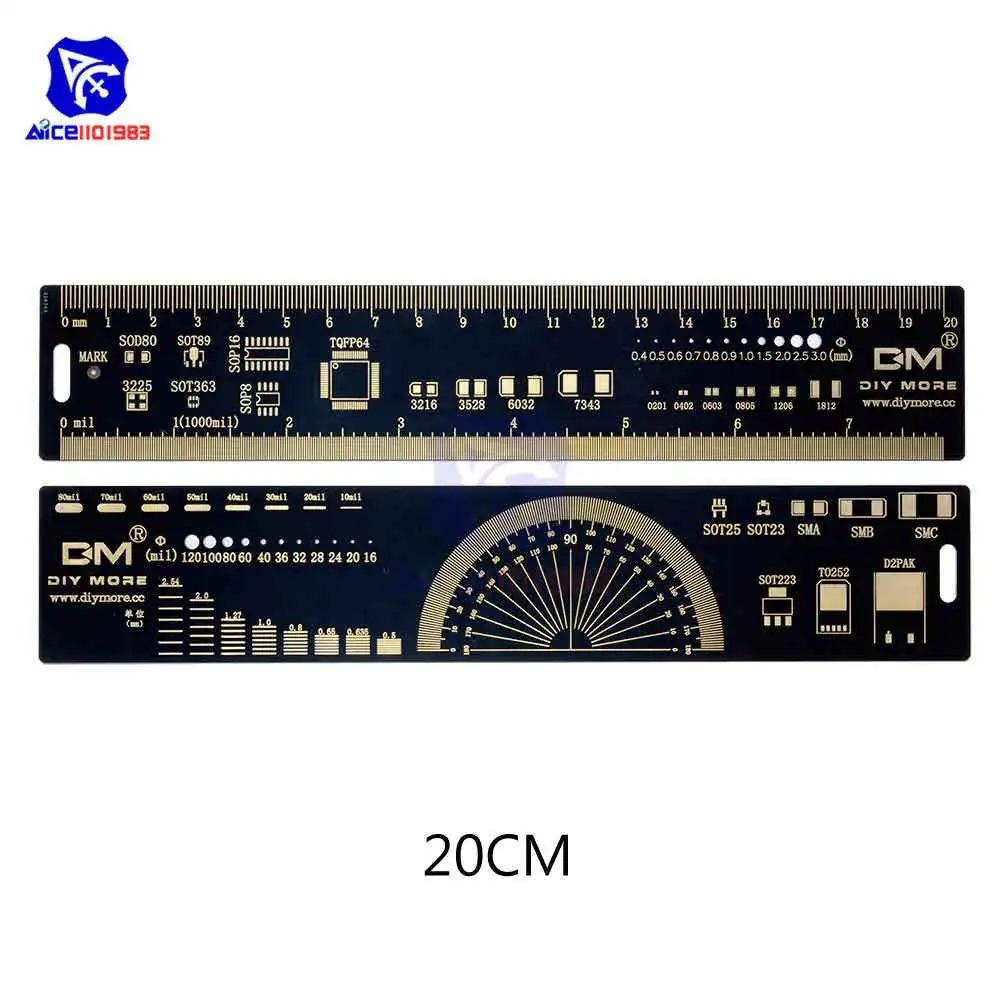 1 комплект 15 см 20 см 25 см PCB линейка Многофункциональный измерительный инструмент резистор микросхема конденсатора IC SMD диодный транзистор посылка 180 градусов - Цвет: 20cm