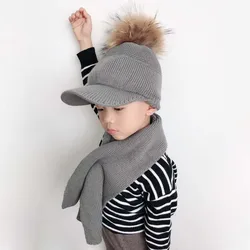 Winter Hat and scarf Set For Kids Baby Cotton Knitted Baseball Cap Children Real Fur Pompom Beanie Visor Hat