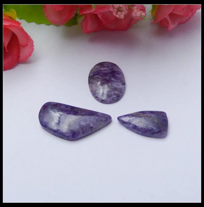 Natural Stone Sale 3Pcs Charoite Precious Cabochons 23x12x3mm 16x9x3mm
