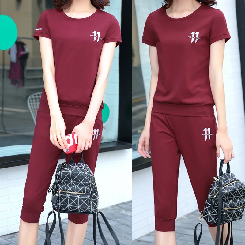 Женский костюм с короткими рукавами для среднего возраста, футболка из хлопка, летний костюм из двух частей