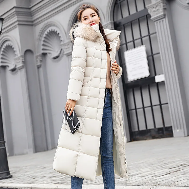 X-Long, Новое поступление, Модная приталенная женская зимняя куртка с хлопковой подкладкой, теплое плотное Женское пальто, длинное пальто, парка, женские куртки - Цвет: White Fur